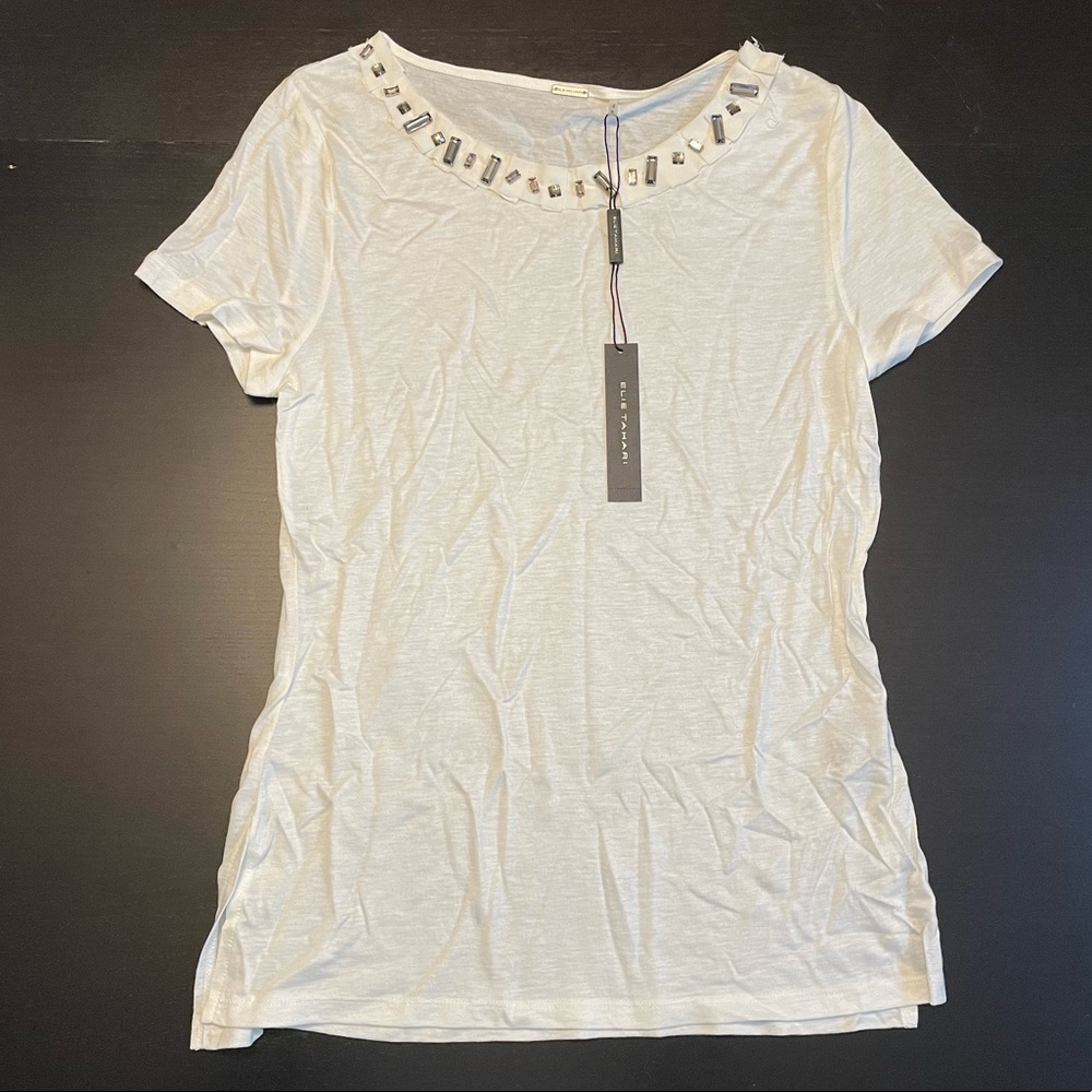 New With Tags Elie Tahari jewel neck white, cream knit top shirt, size medium